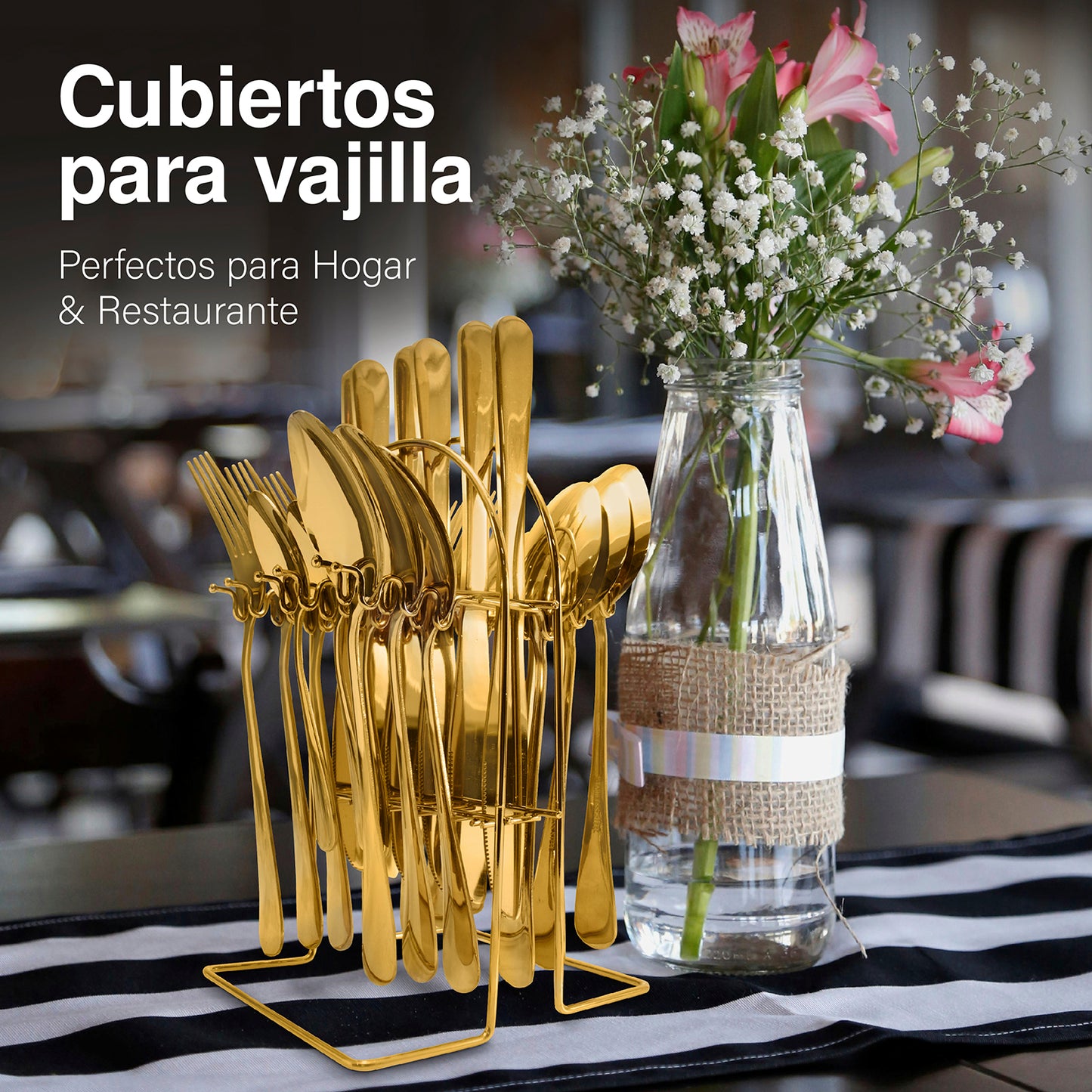 Juego de cubiertos dorados de acero inoxidable con base