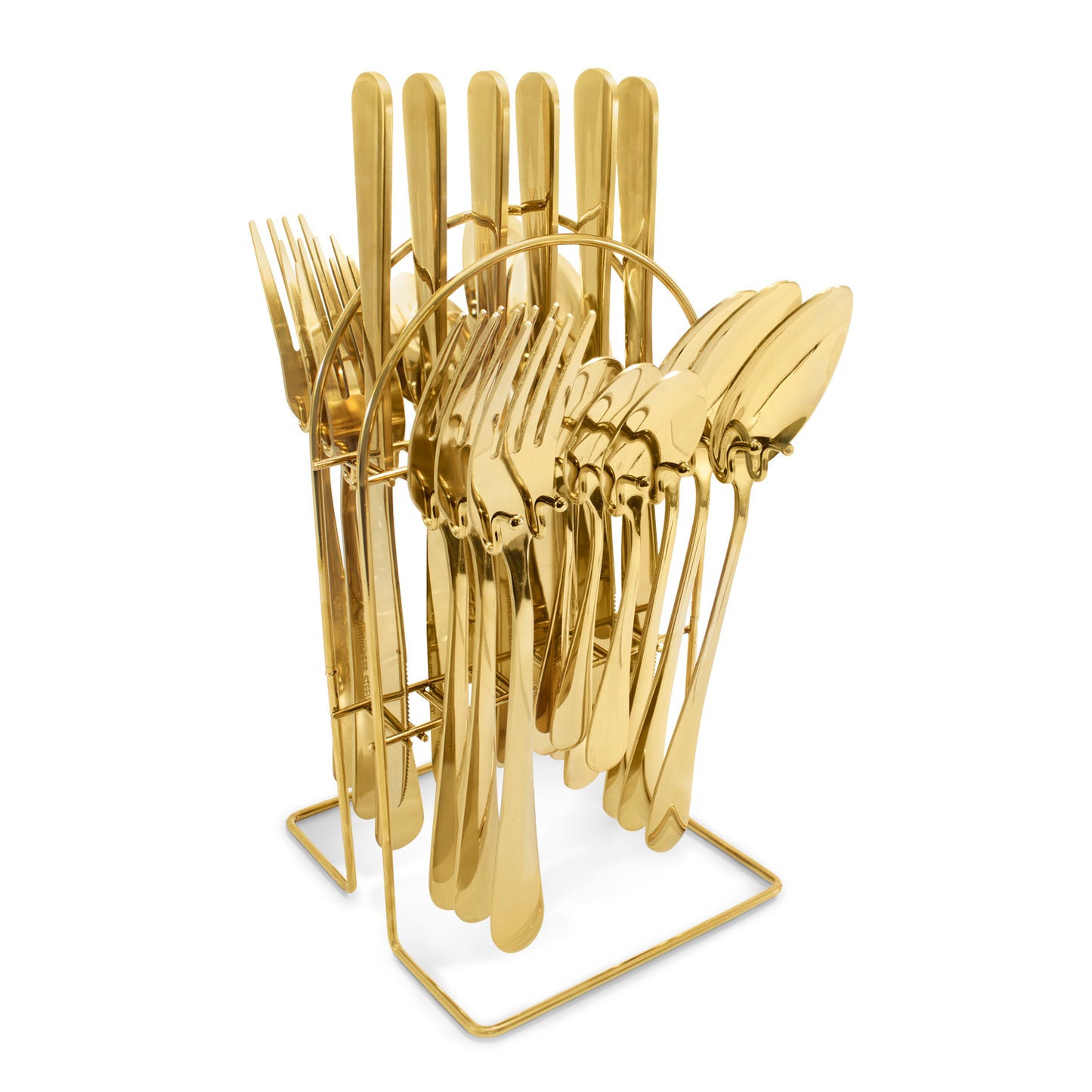 Juego de cubiertos dorados de acero inoxidable con base