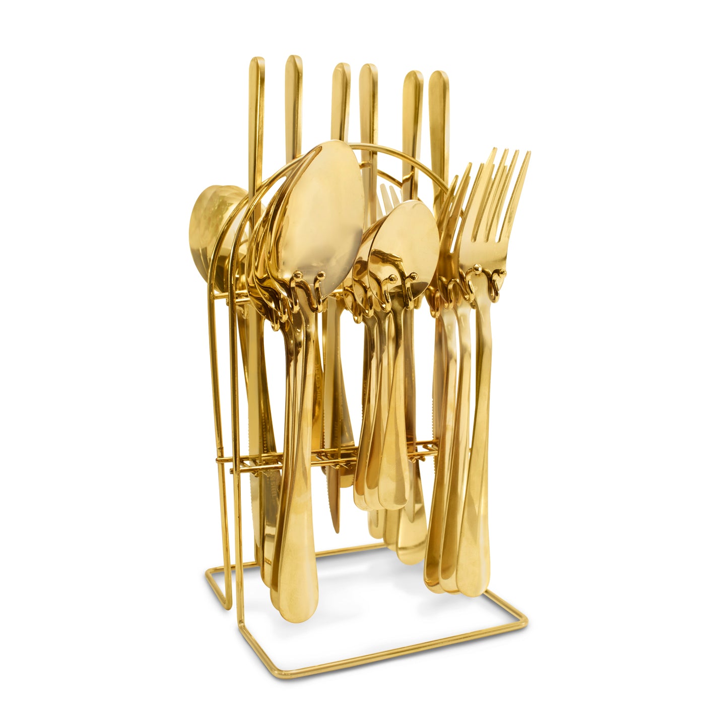 Juego de cubiertos dorados de acero inoxidable con base