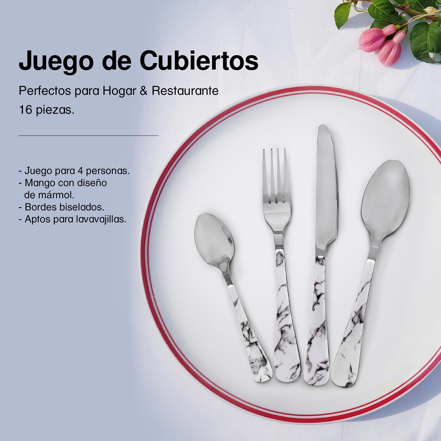 Juego de cubiertos plateados 16 piezas acabado tipo marmol