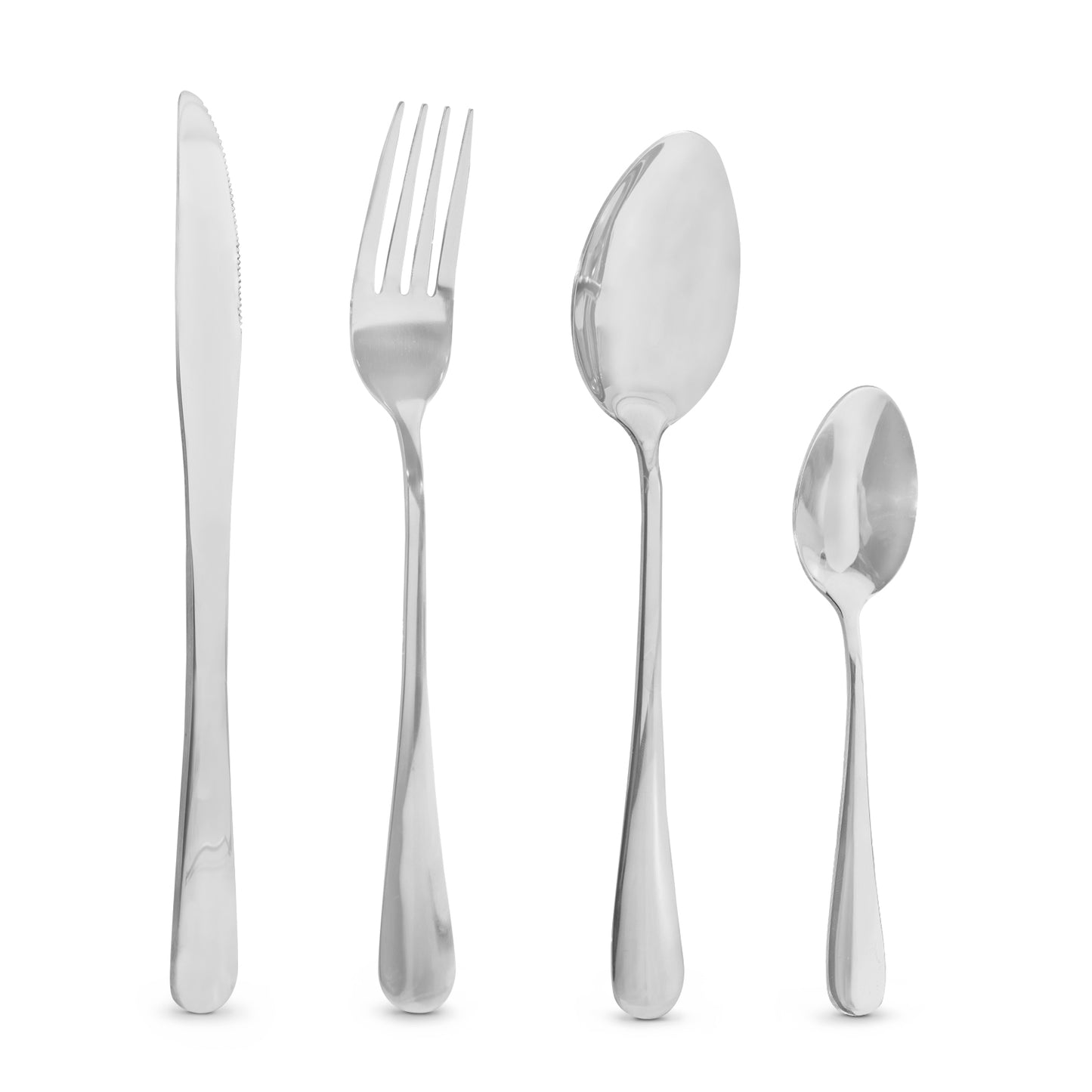 Juego de cubiertos plateados de acero inoxidable con base