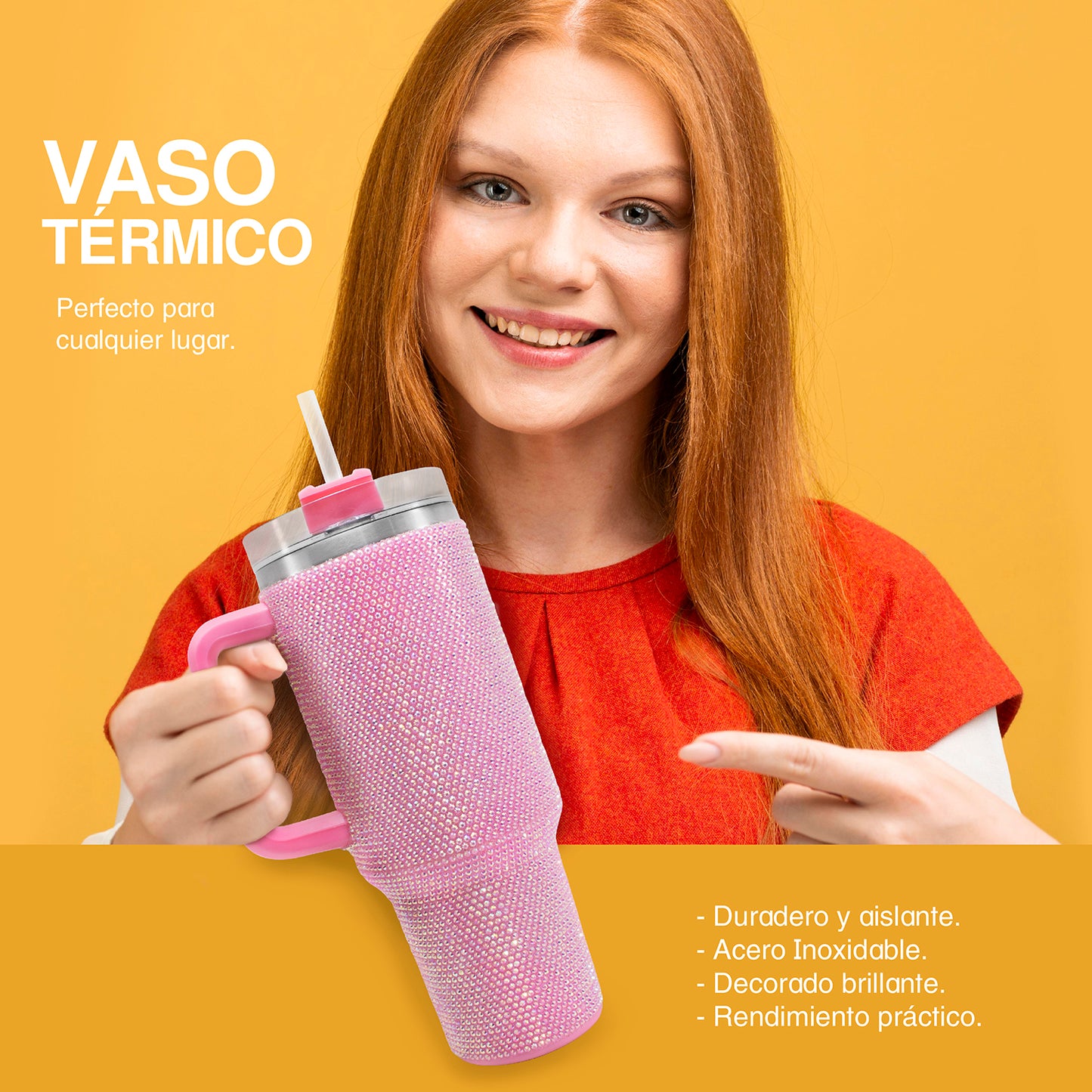 Termo de acero inoxidable con cristales rosa 1 Litro