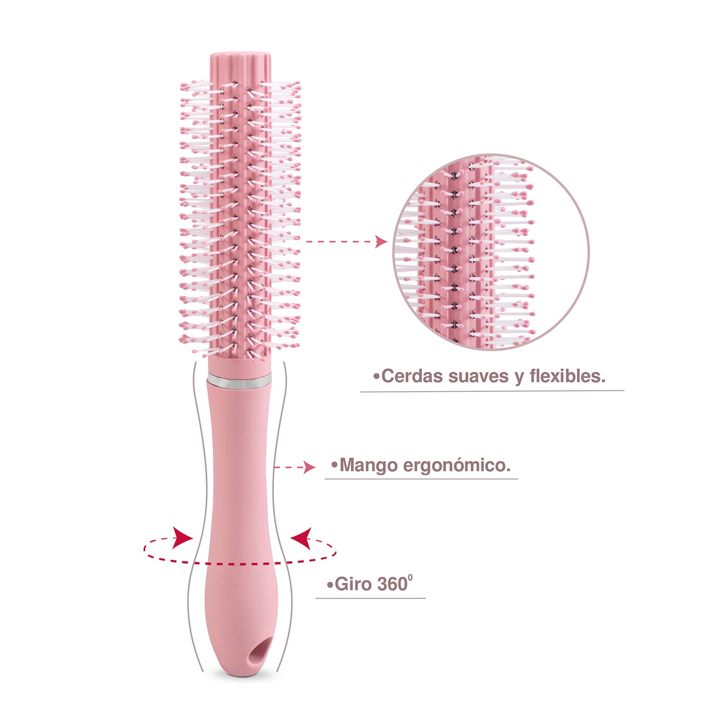 Cepillo para cabello circular delgado color rosa