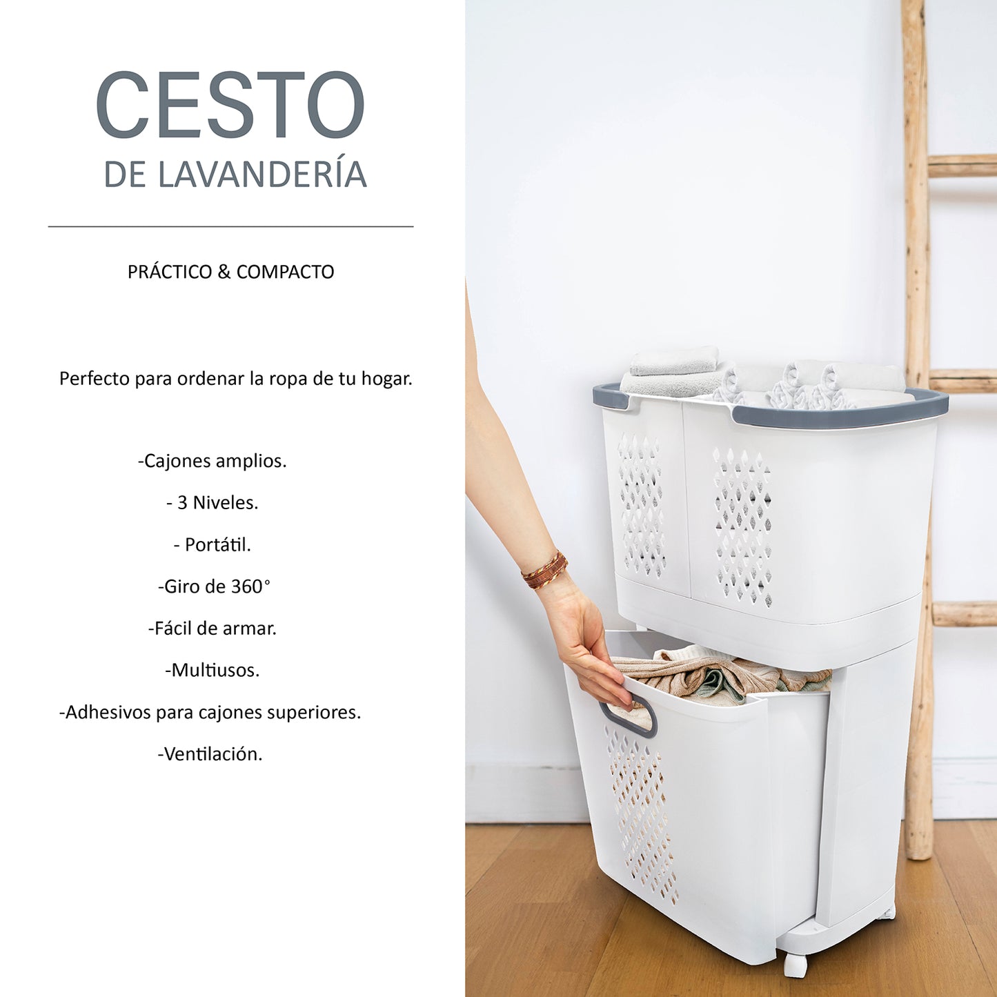 Cesto de ropa sucia sobre ruedas desmontable