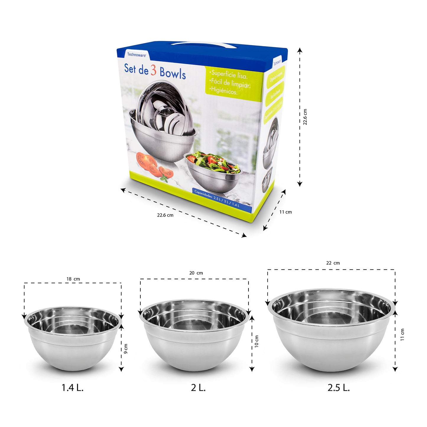 Kit de 3 bowls de acero inoxidable