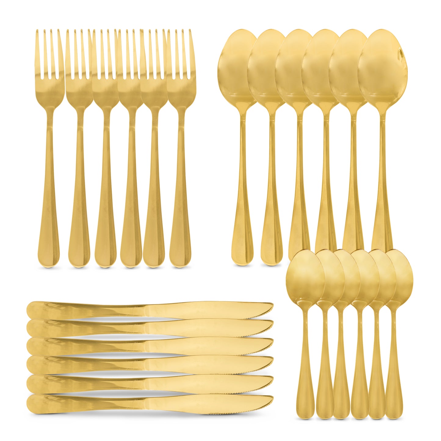 Juego de cubiertos dorados de acero inoxidable con base