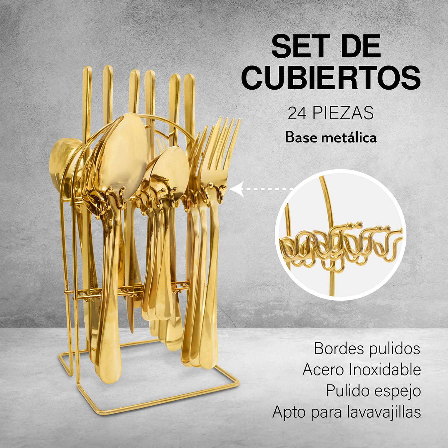 Juego de cubiertos dorados de acero inoxidable con base