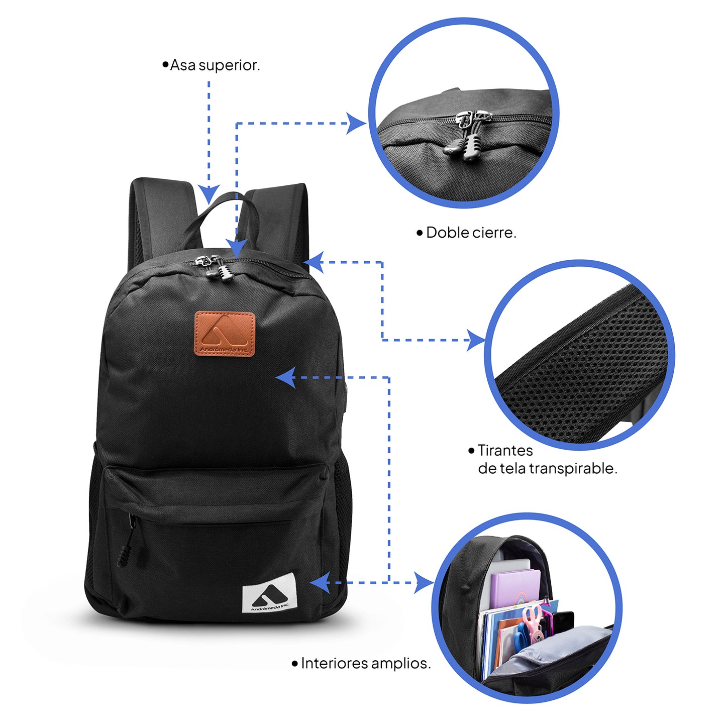 Mochila Escolar Diseño Casual Para Laptop Con Carga Usb color negro