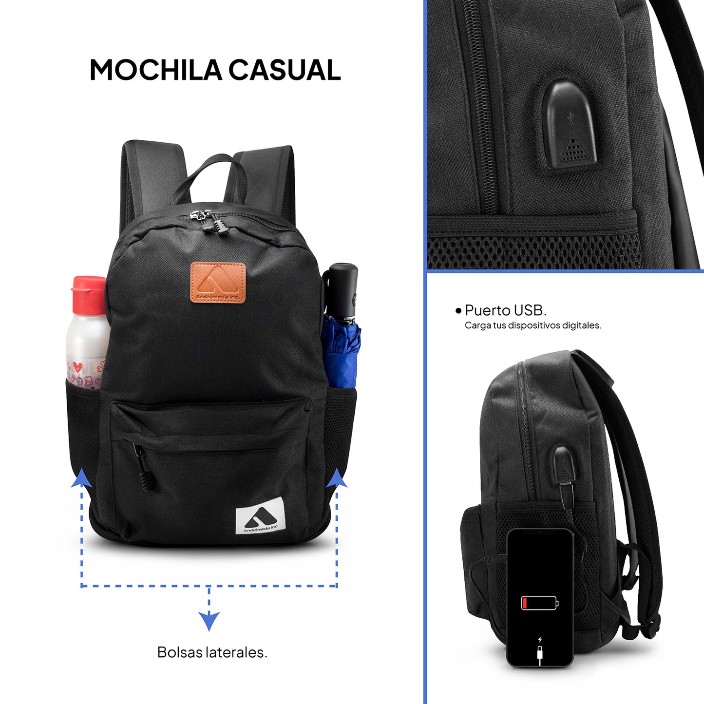 Mochila Escolar Diseño Casual Para Laptop Con Carga Usb color negro