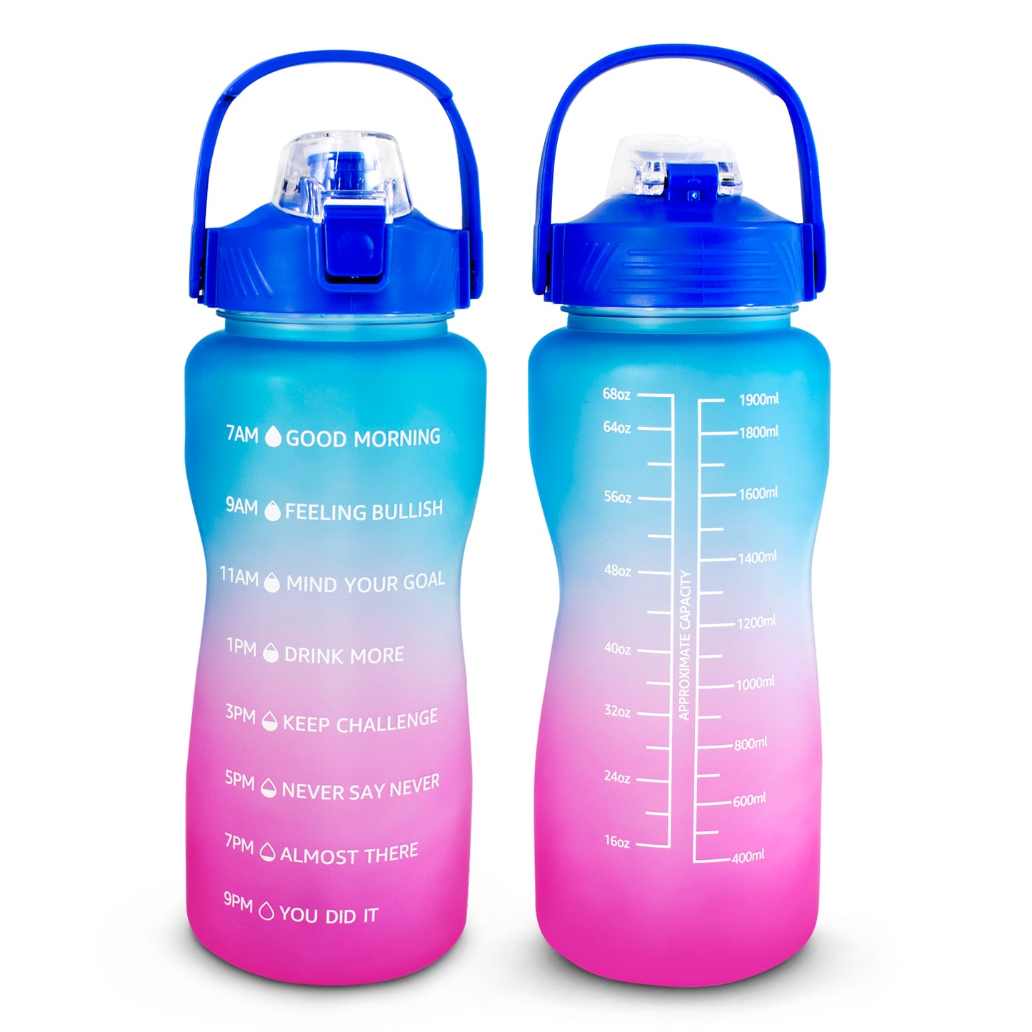 Botella Motivacional 2 litros con asa azul/rosa