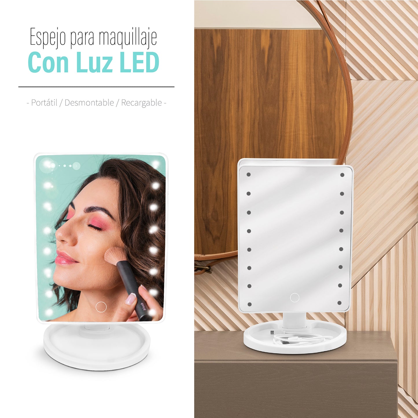 Espejo Para Maquillaje Luz Led Recargable Touch
