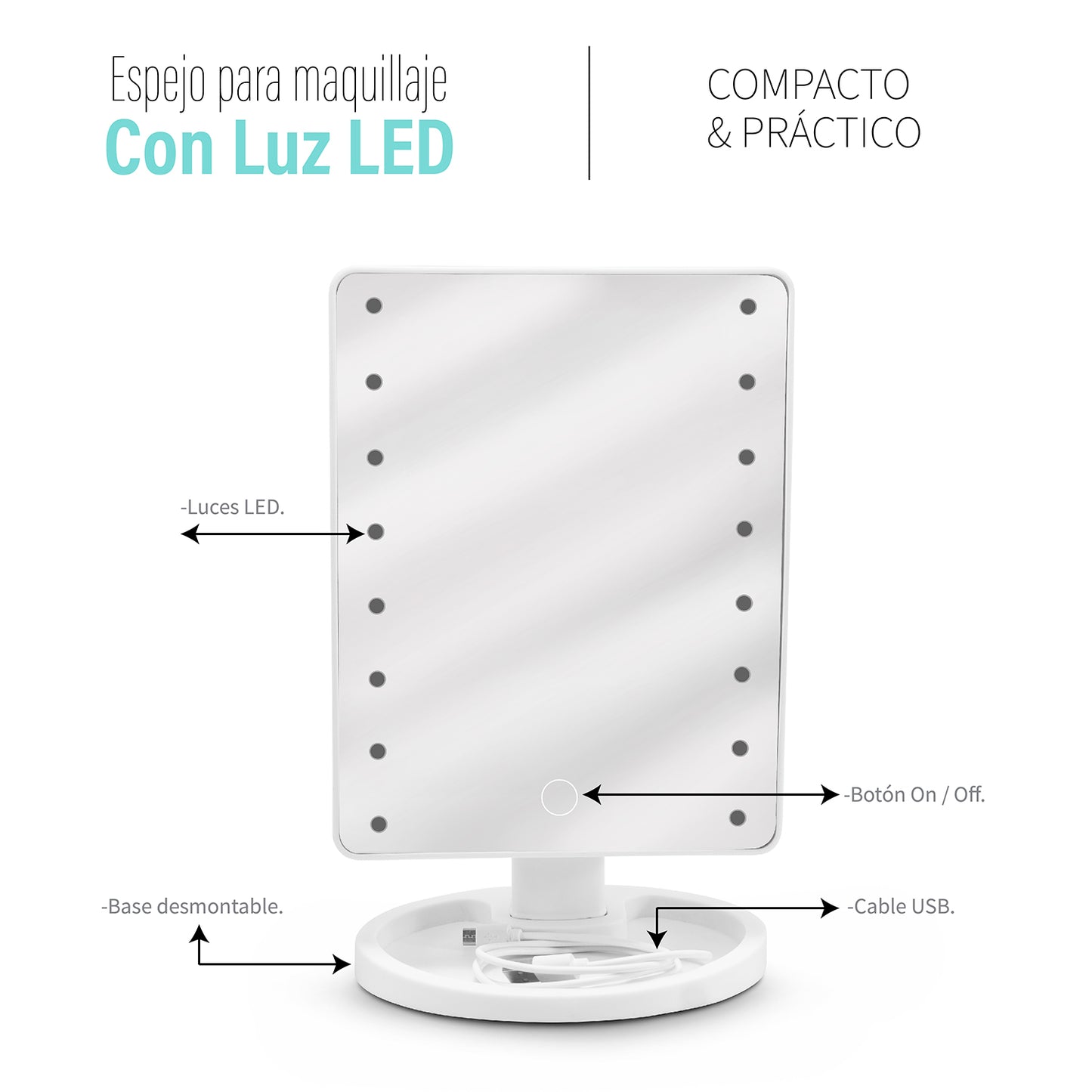 Espejo Para Maquillaje Luz Led Recargable Touch