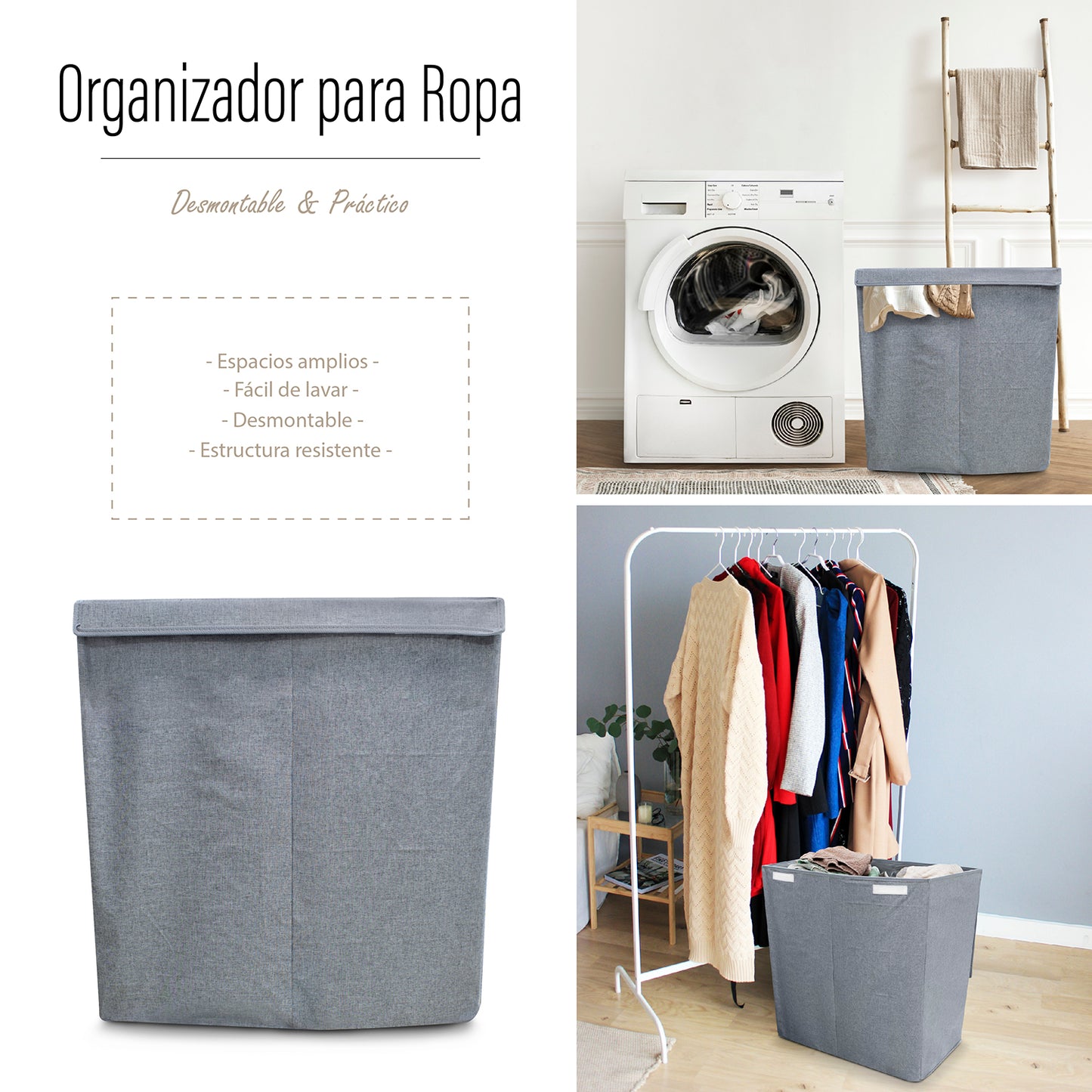 Cesto para Ropa Sucia Gris con Tapa y división