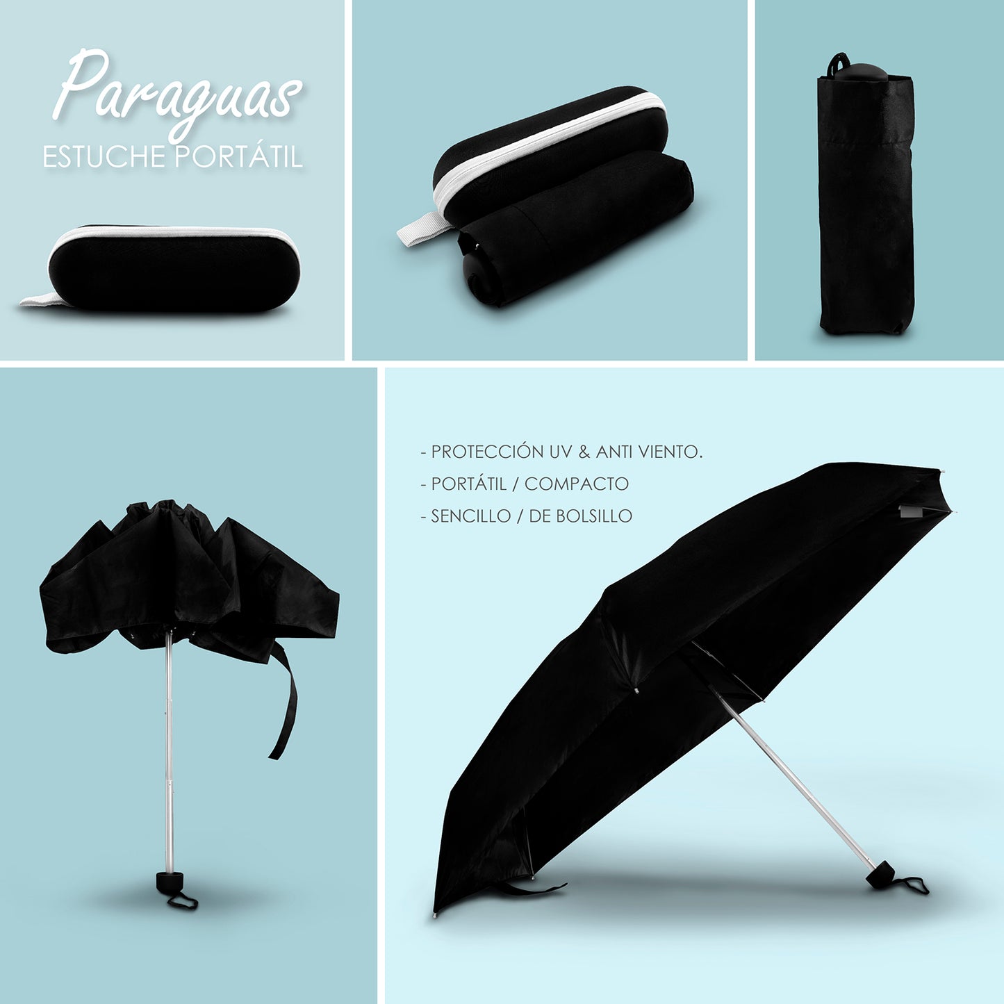 Paraguas De Bolsillo Con Estuche Ideal Para Viajes color negro