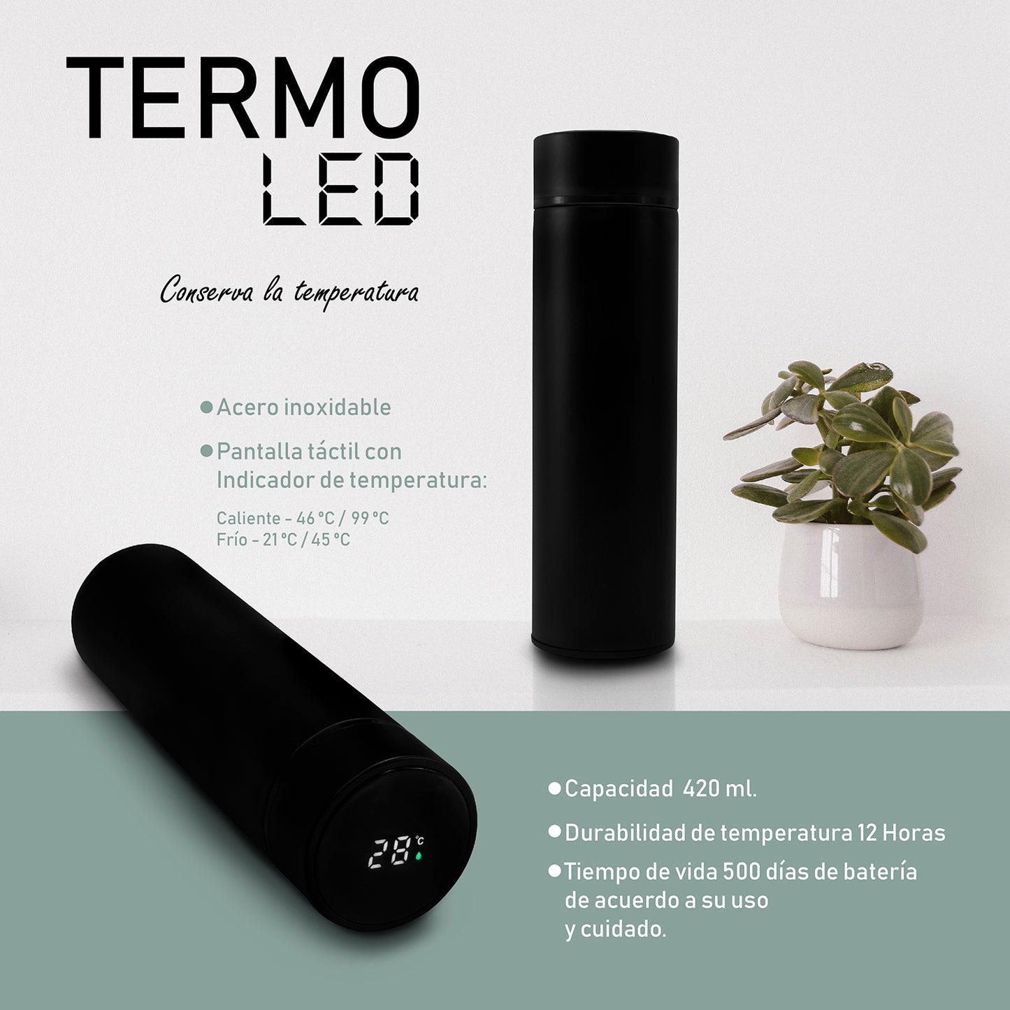Termo inteligente metálico Pantalla LED color negro