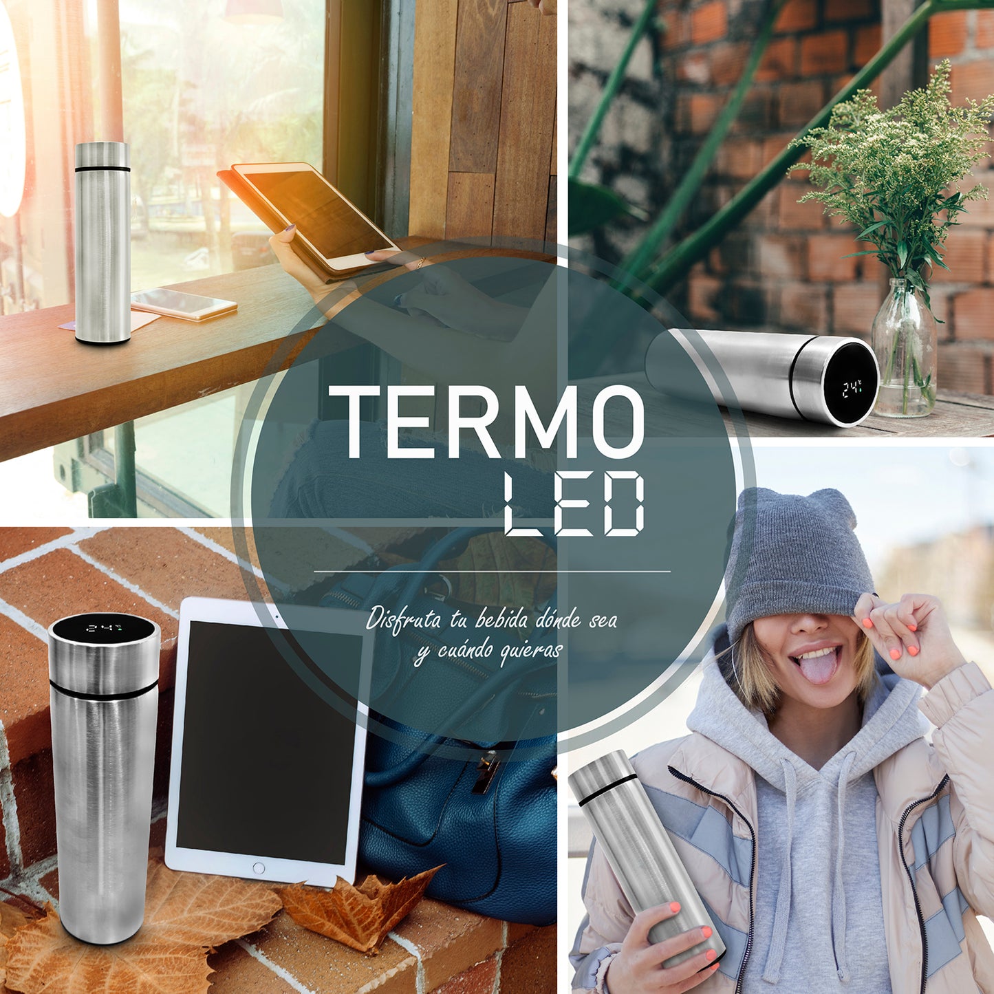 Termo inteligente metálico Pantalla LED color plateado