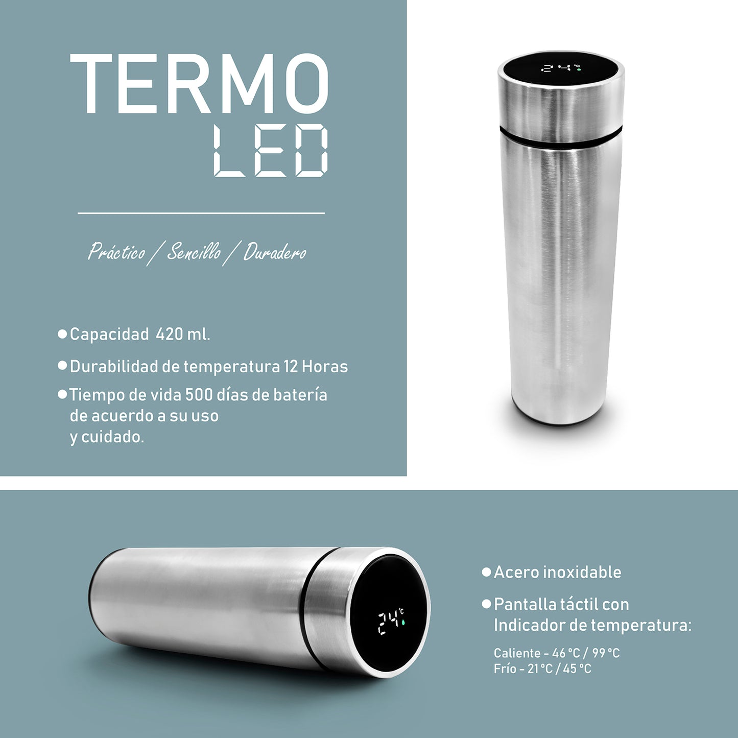 Termo inteligente metálico Pantalla LED color plateado