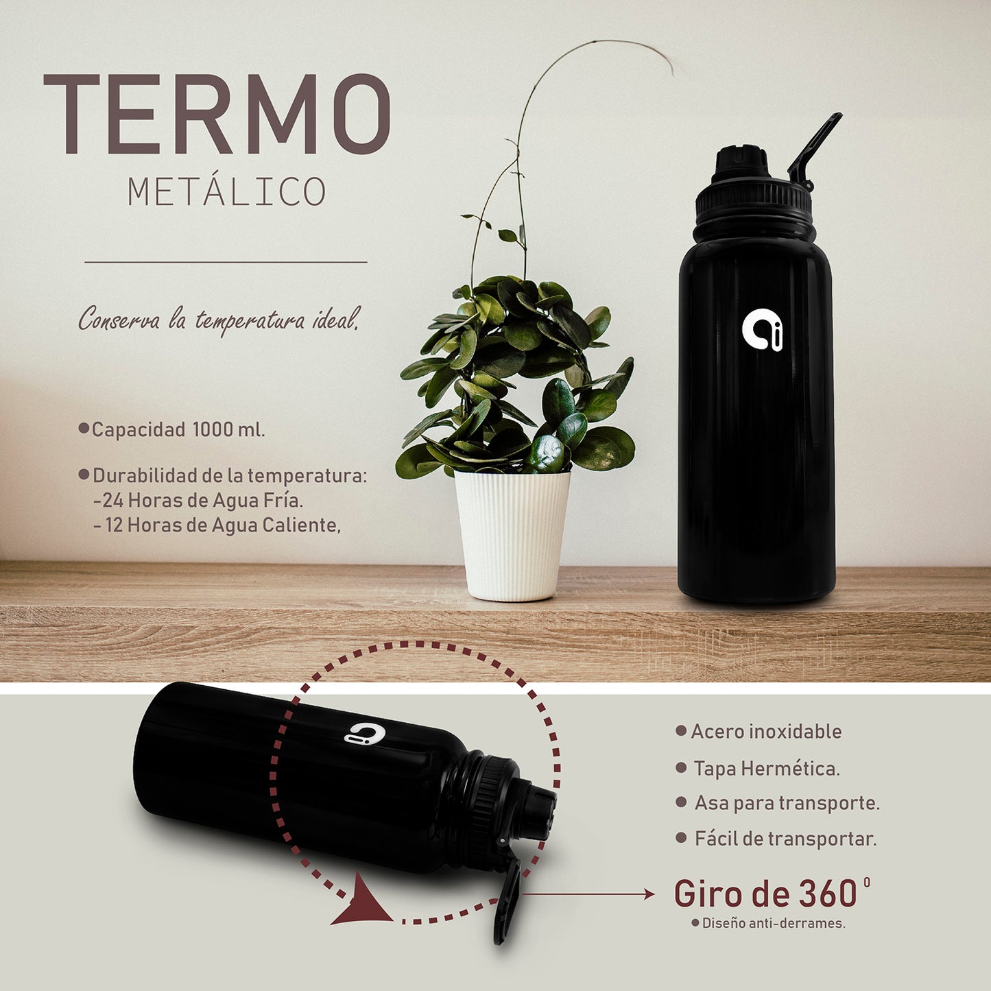 Botella Acero Inoxidable 1 L Con Asa