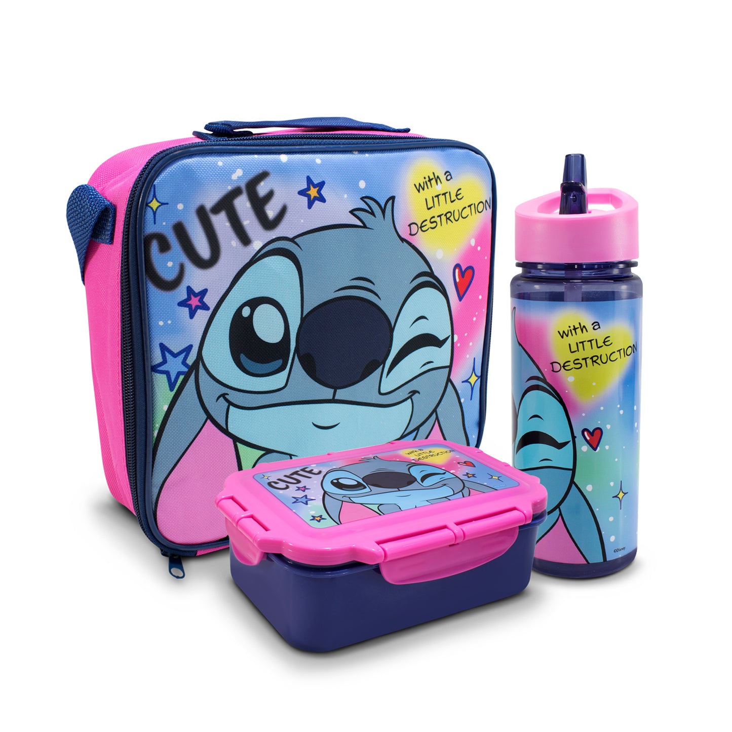Lonchera Infantil Escolar Stitch Con Botella Y Recipiente
