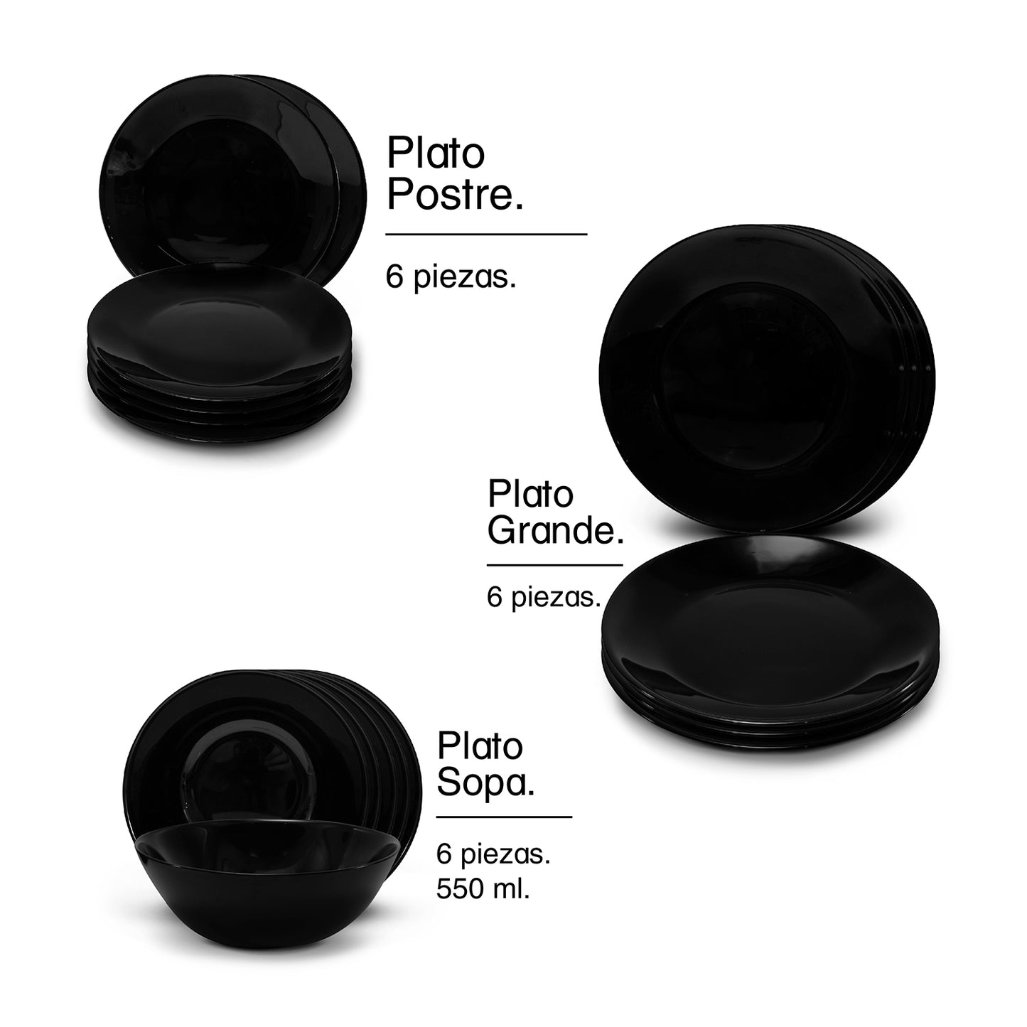 Vajilla de Vidrio Opal Negra 18 Piezas