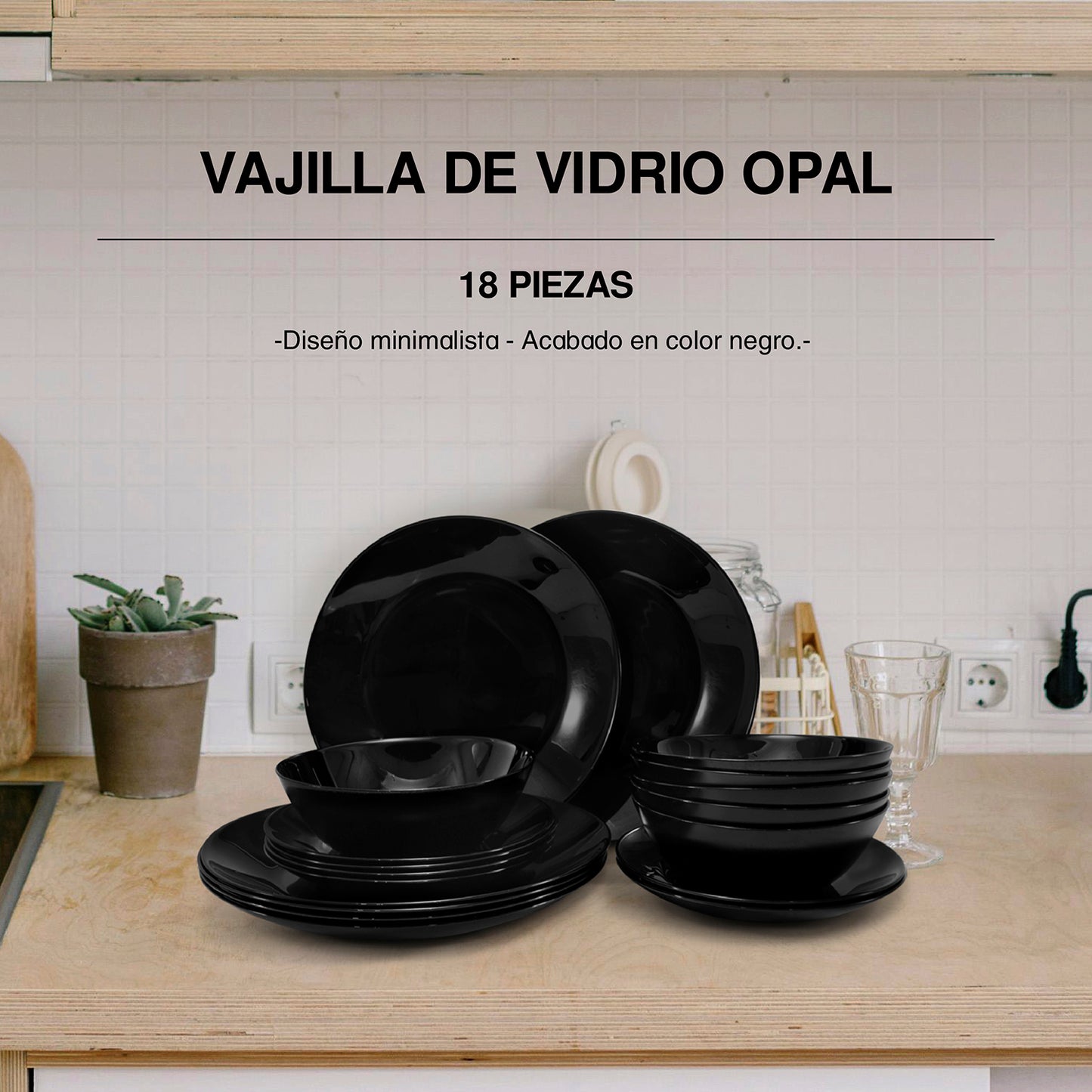 Vajilla de Vidrio Opal Negra 18 Piezas