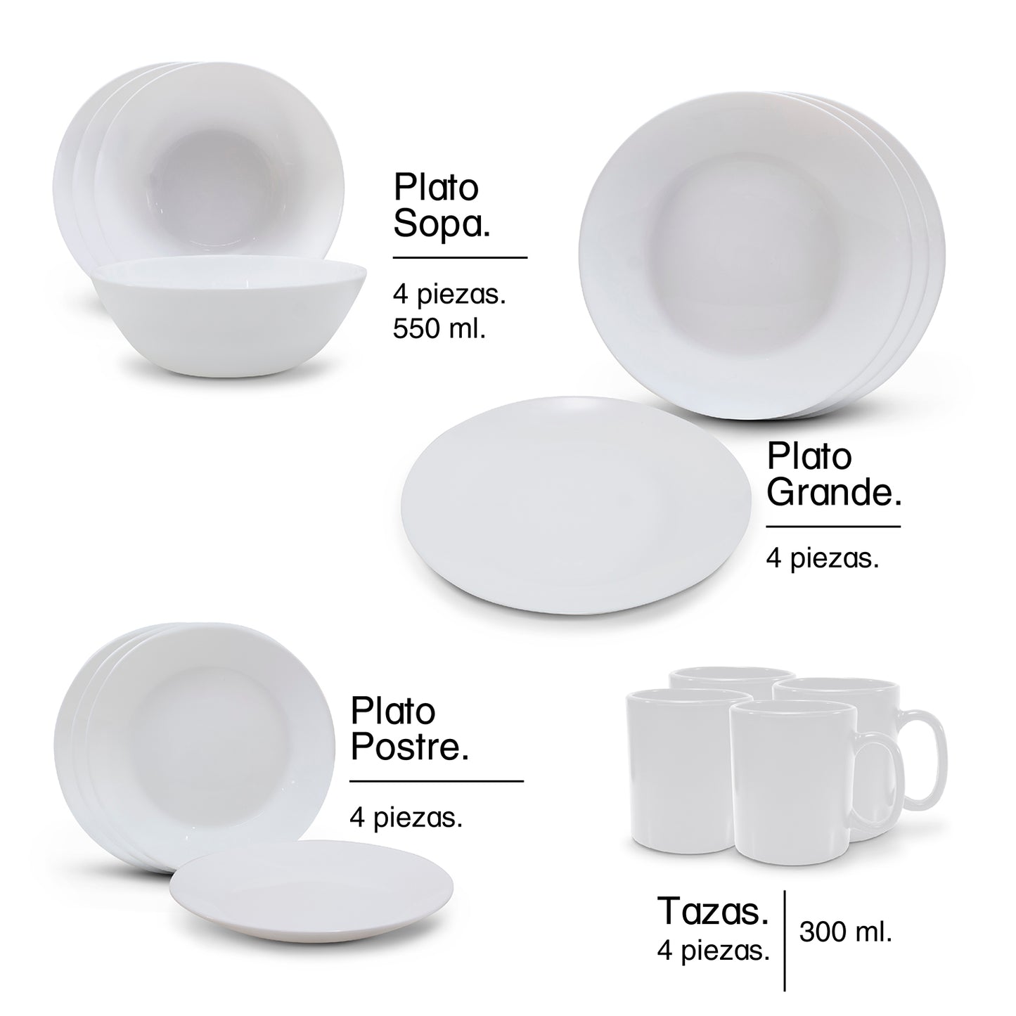 Vajilla de Vidrio Opal Blanca 16 Piezas