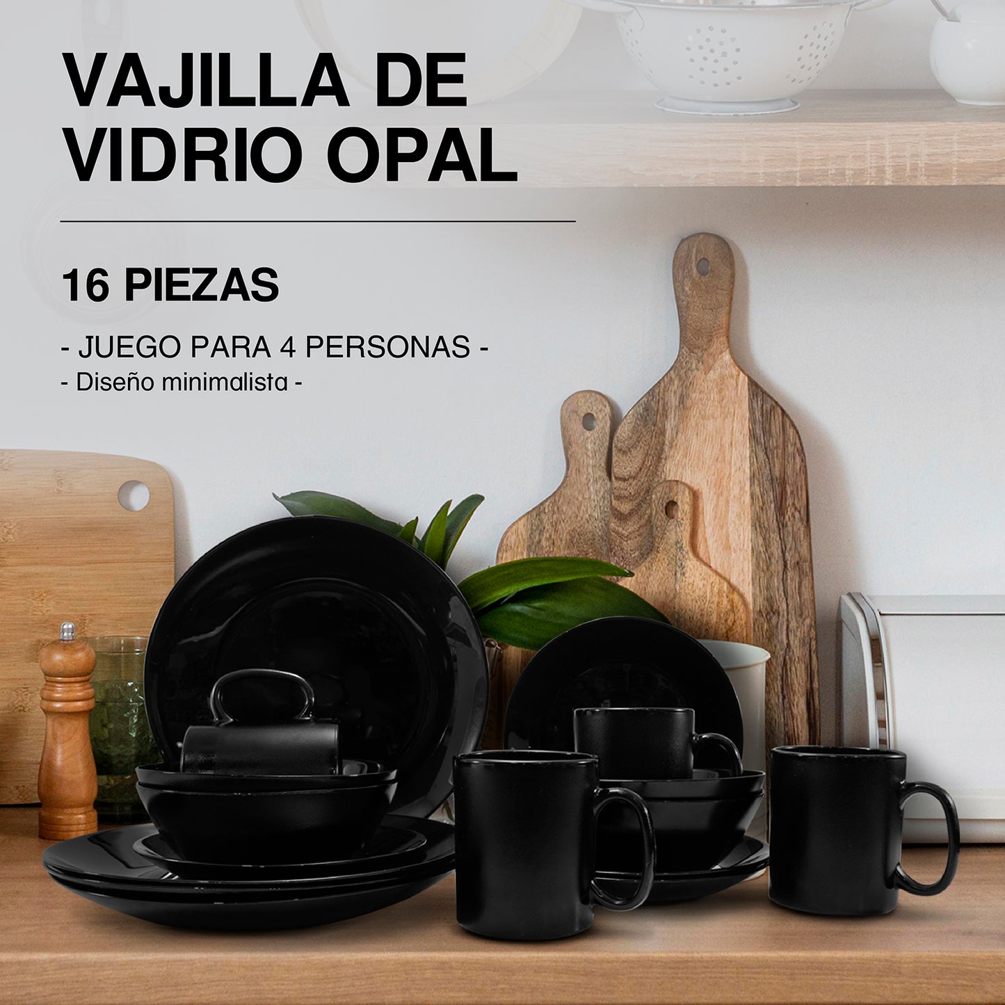 Vajilla de Vidrio Opal Negra 16 Piezas