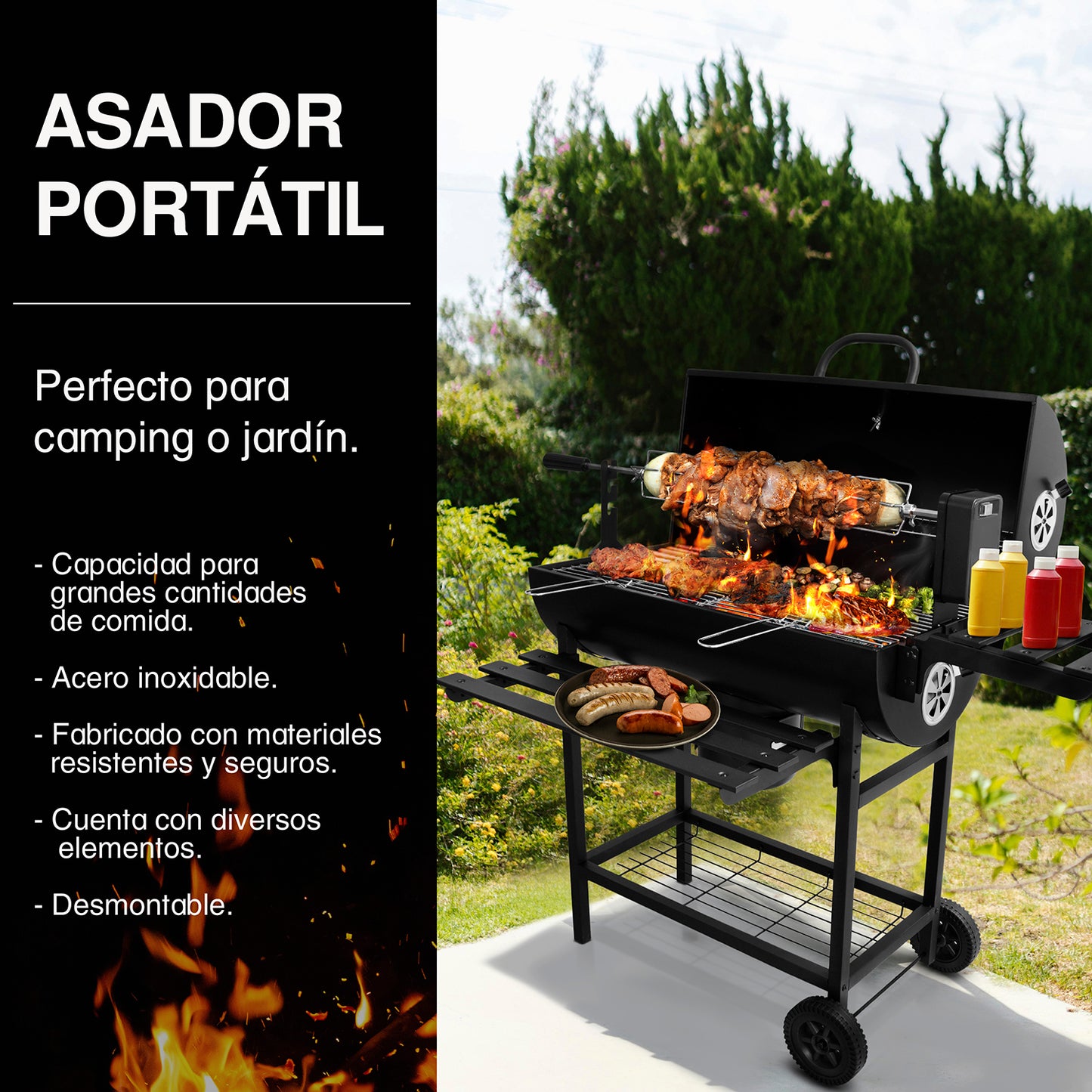 Parrilla Asador de Carbón con Spiedo Eléctrico Automático y Ruedas
