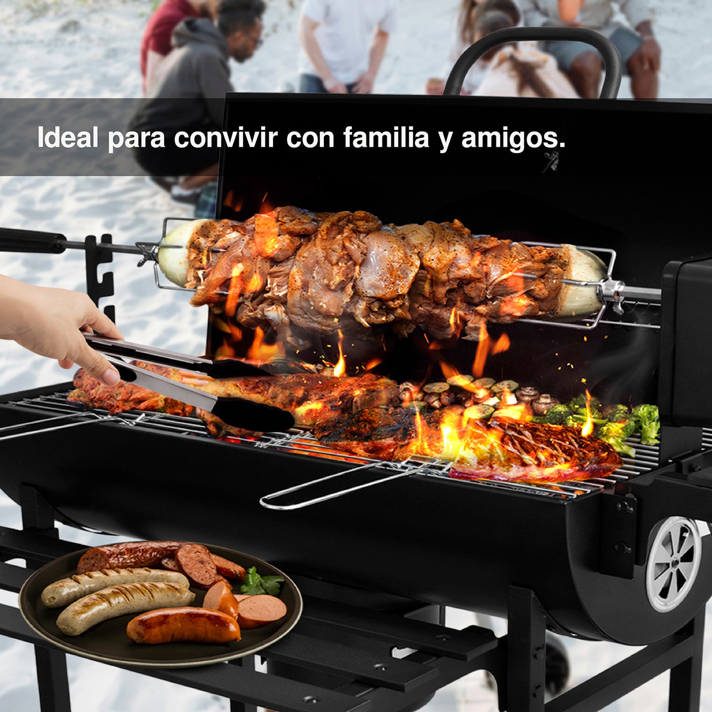Parrilla Asador de Carbón con Spiedo Eléctrico Automático y Ruedas