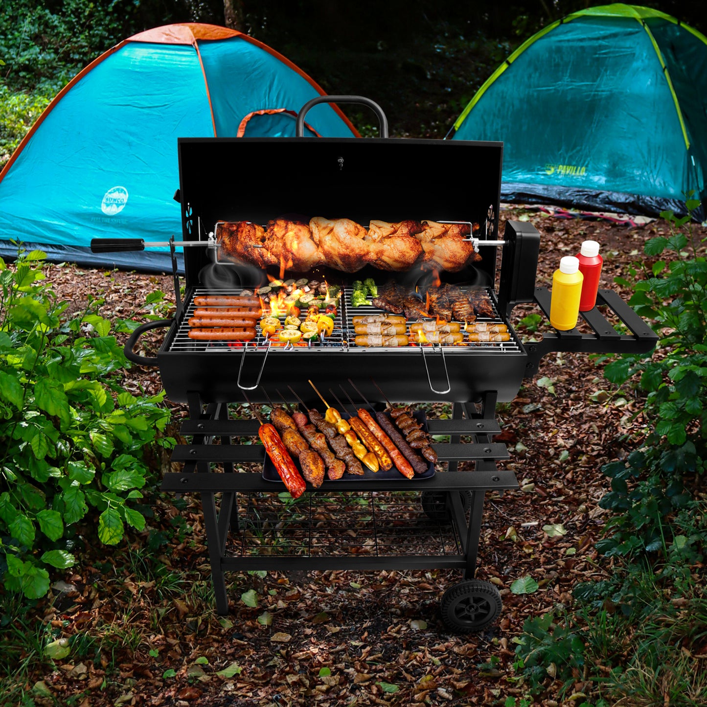 Parrilla Asador de Carbón con Spiedo Eléctrico Automático y Ruedas