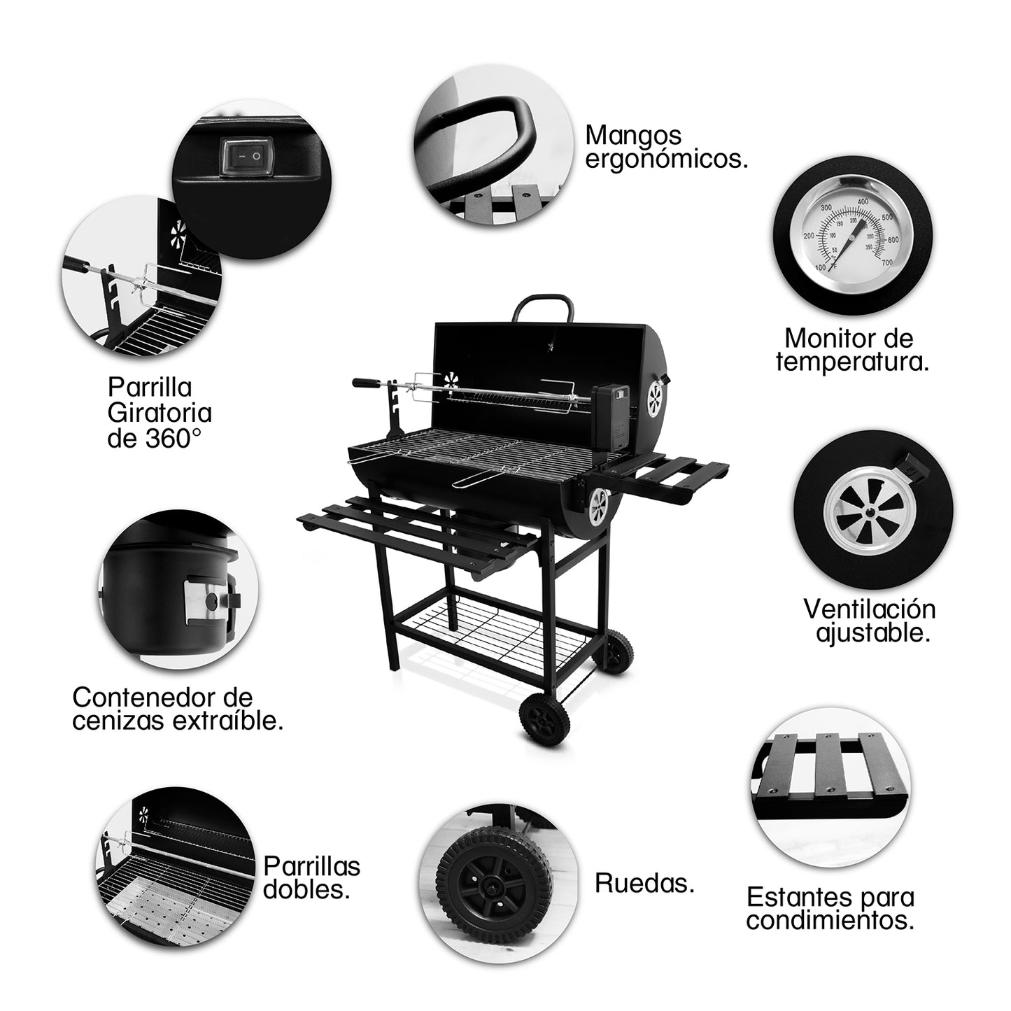 Parrilla Asador de Carbón con Spiedo Eléctrico Automático y Ruedas