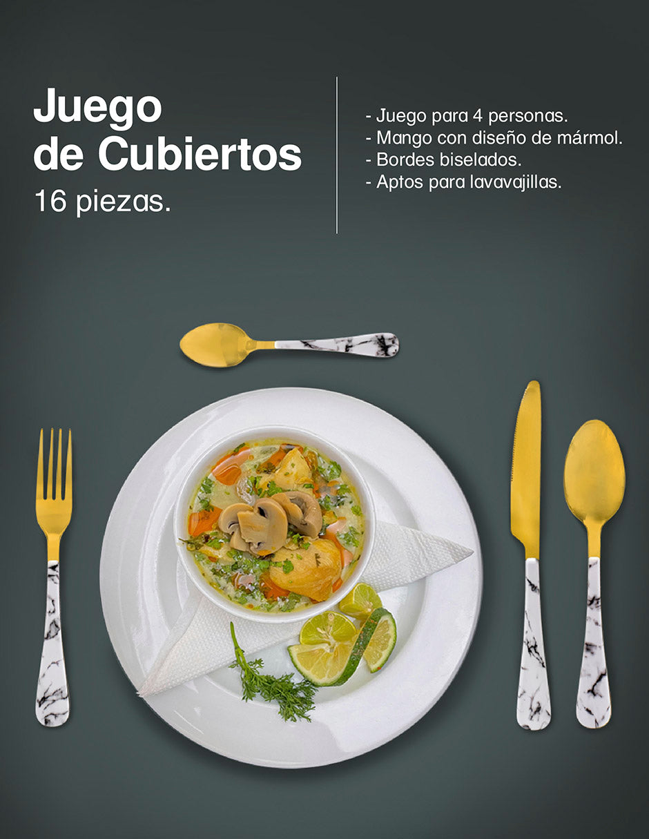 Juego de cubiertos dorados 16 piezas acabado tipo marmol