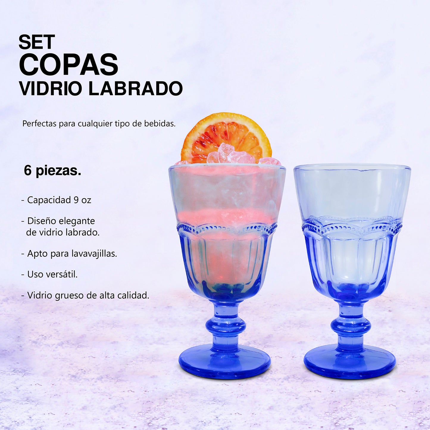 Juego de 6 copas de vidrio labrado 270 ml