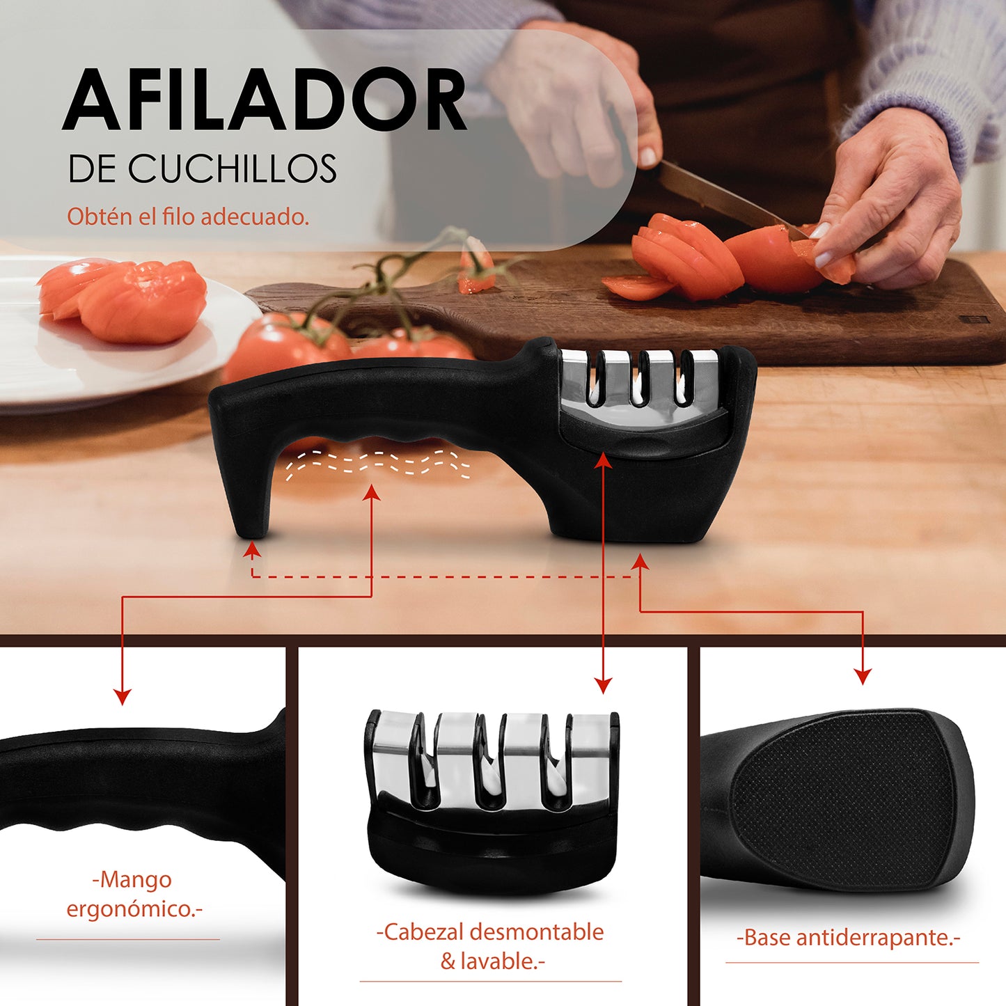 Afilador de cuchillos 3 en 1