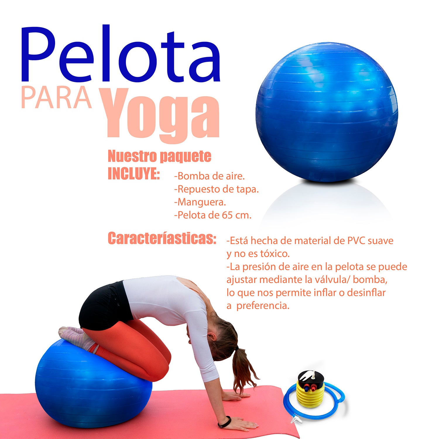 Pelota Entrenamiento Pilates Yoga Fitness Con Bomba 65 Cm