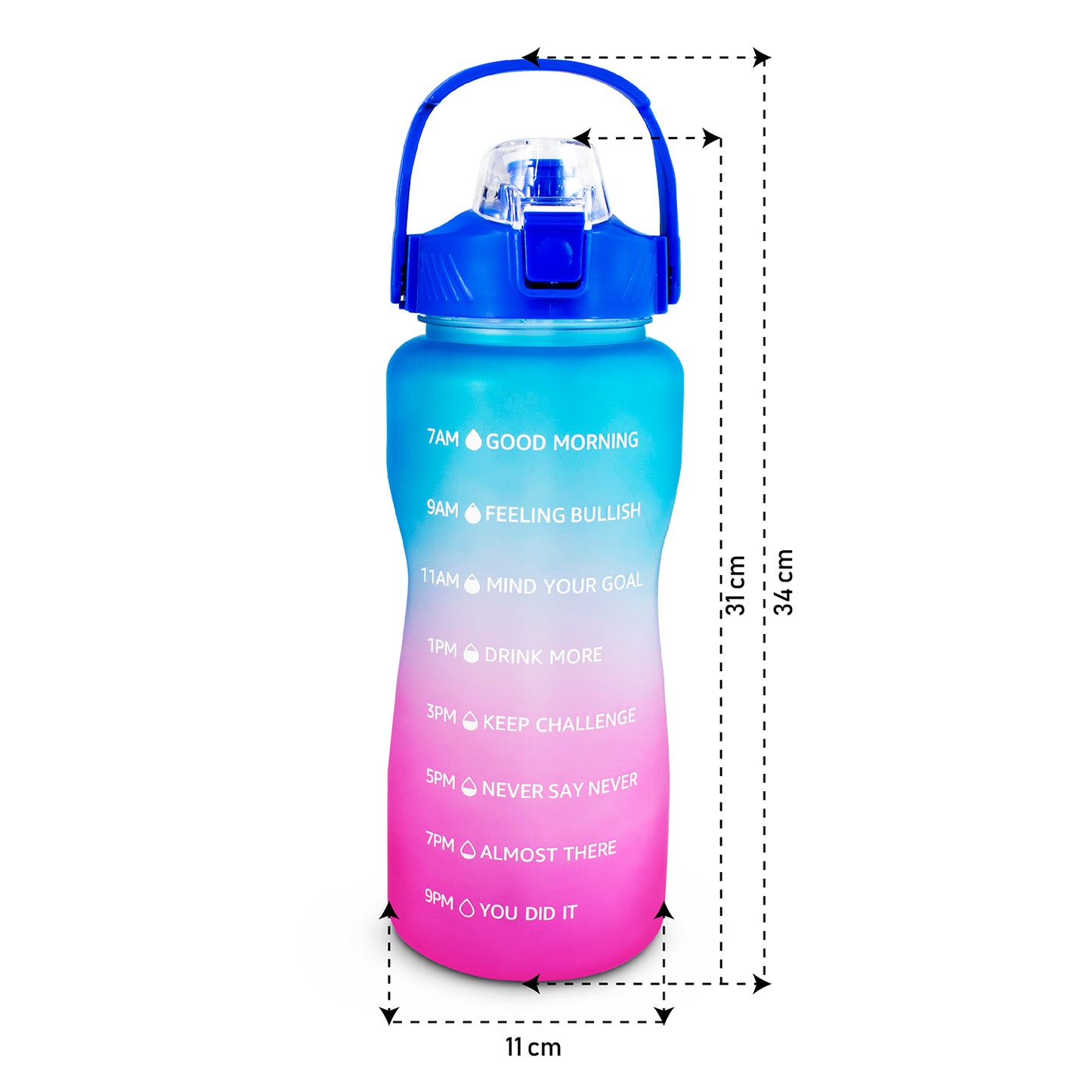 Botella Motivacional 2 litros con asa azul/rosa