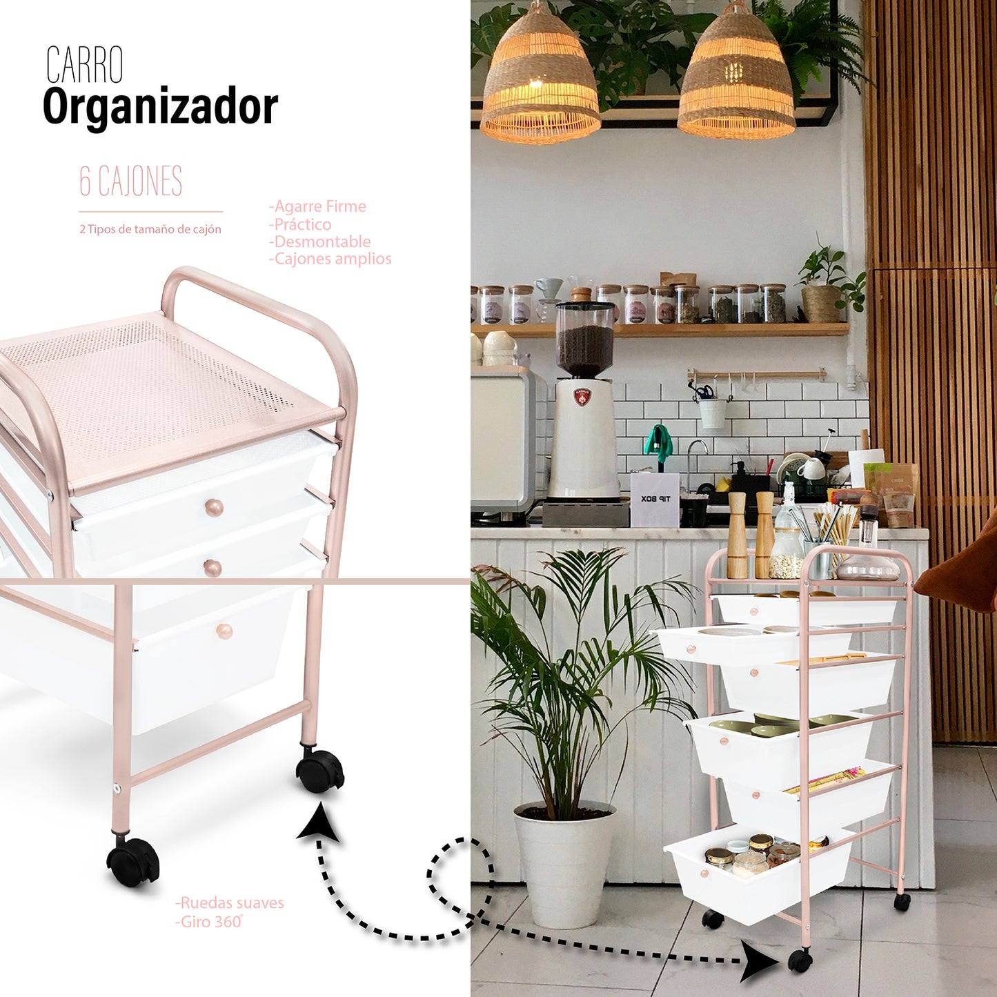 Organizador 6 cajones blanco/rosa