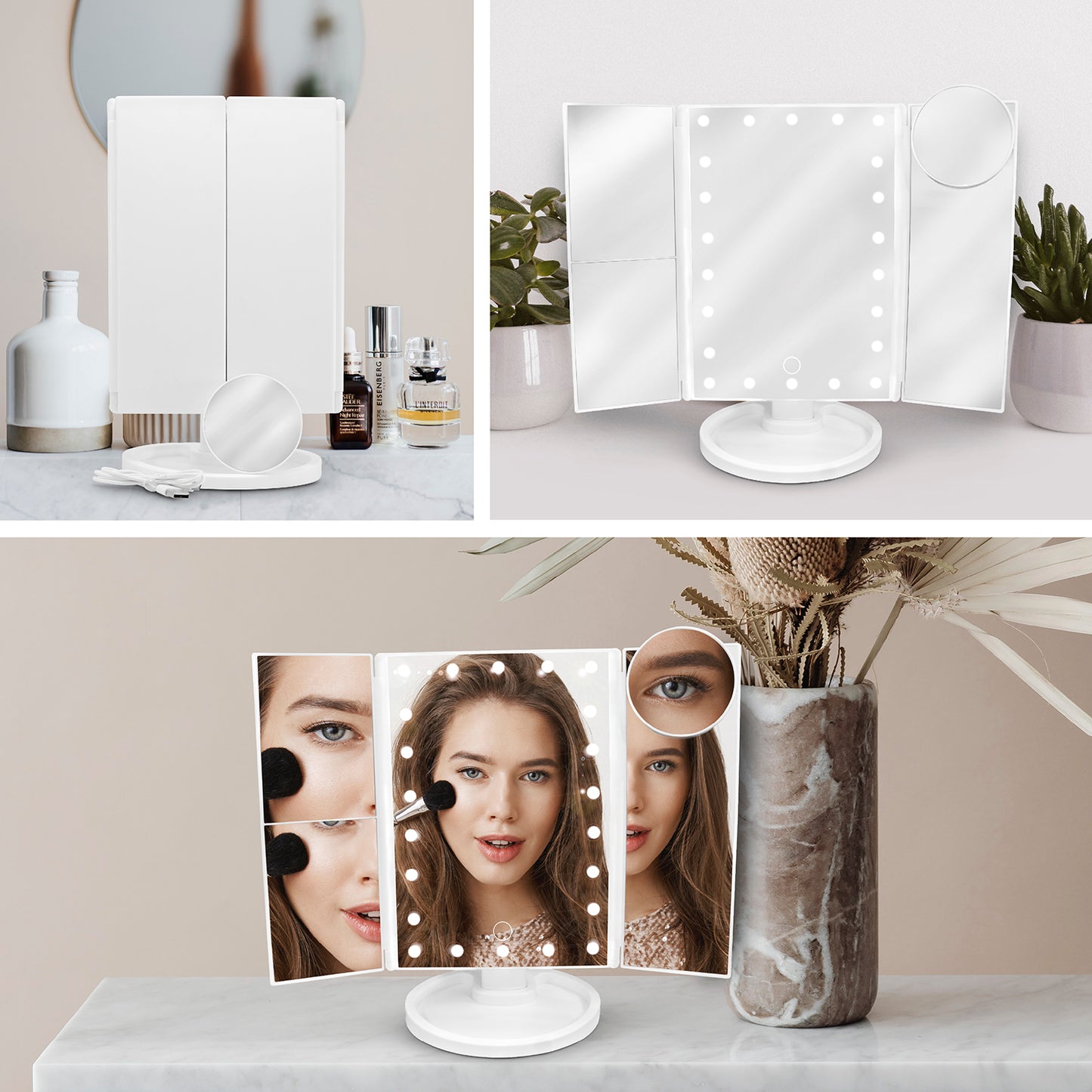 Espejo De Maquillaje Tríptico Con Aumento 22 Luces Led