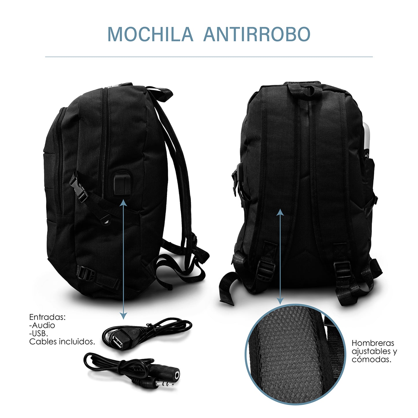 Mochila Antirobo Impermeable Puerto Usb Para Laptop Negra